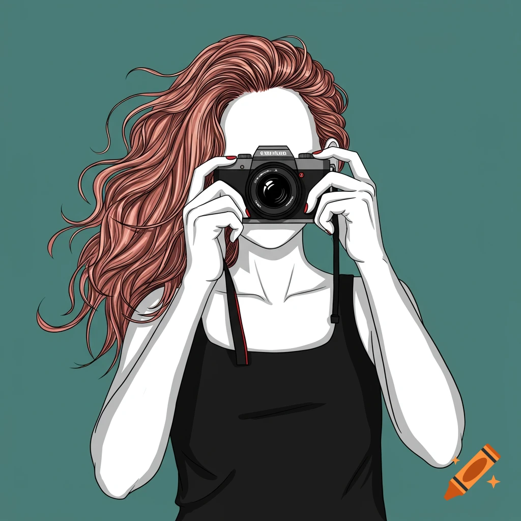 A stylized line drawing of a person holding a camera, their face obscured by the camera, with long flowing hair.