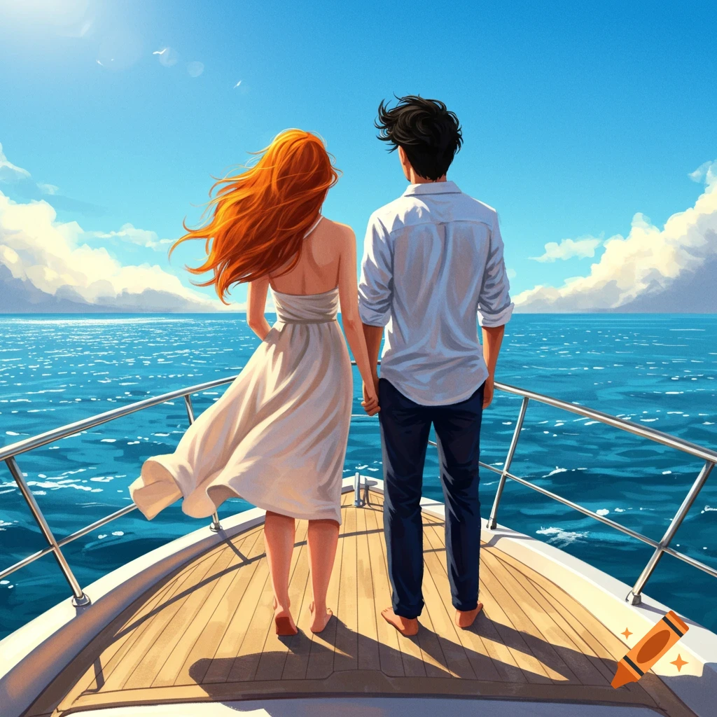 A couple stands on a yacht, looking out at the ocean.