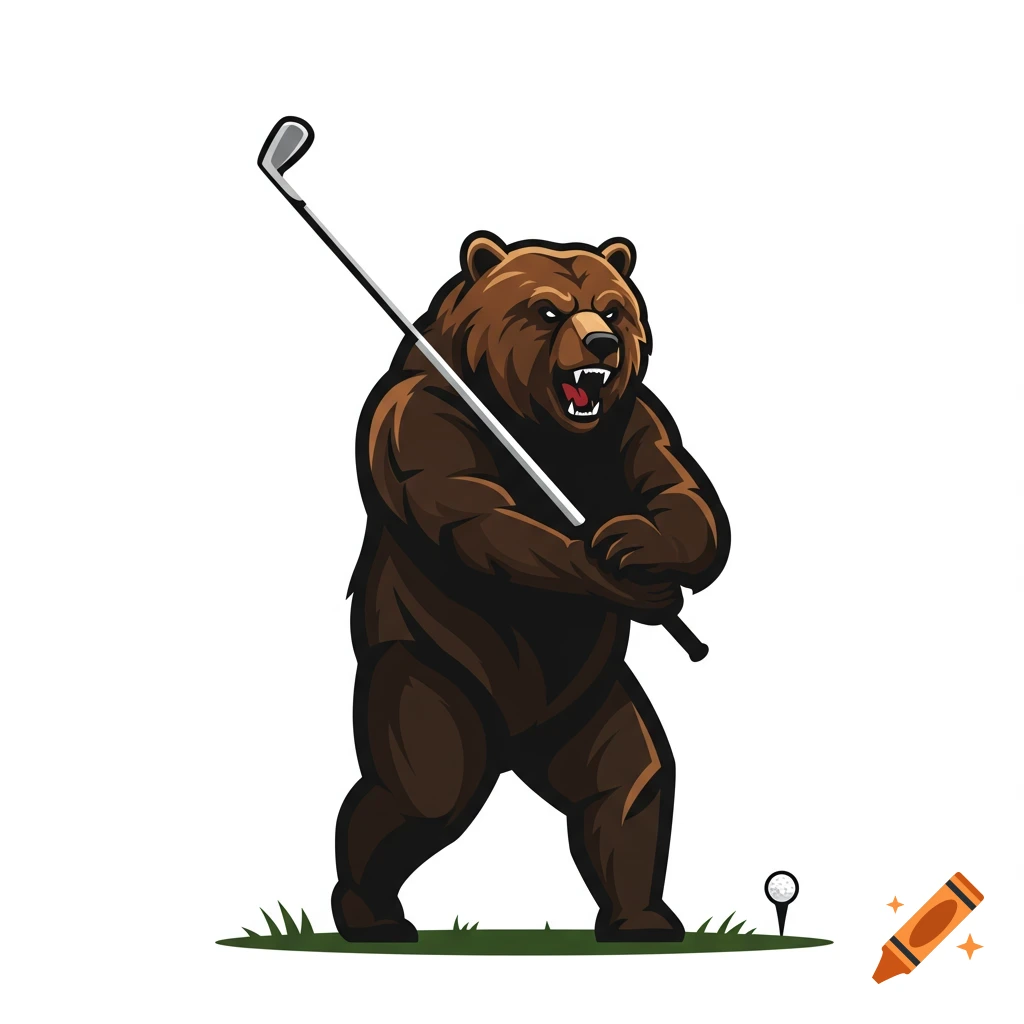 Illustration of an angry grizzly bear swinging a golf club.