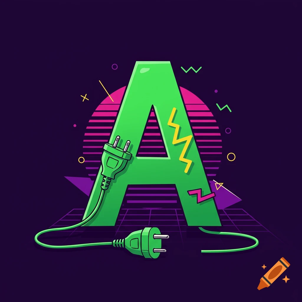 Large green letter A formed by an electrical plug and cord, with 80s-style shapes on a dark background.