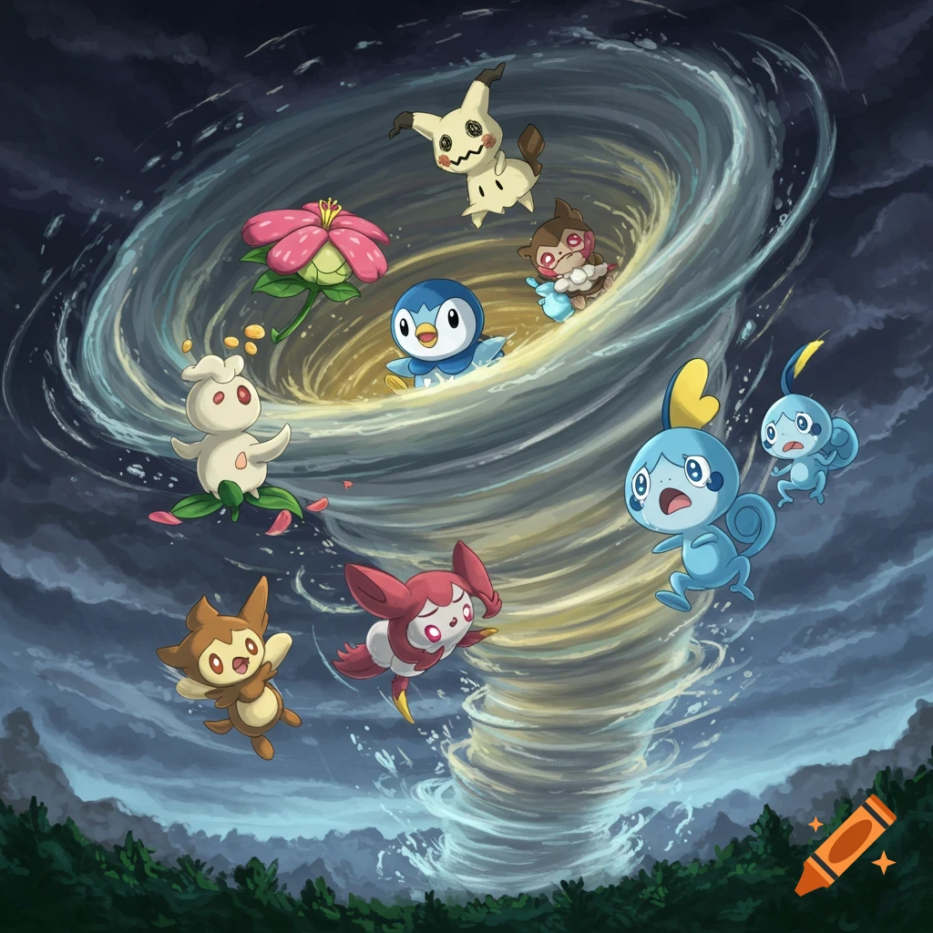 Various Pokemon characters including Piplup, Mimikyu, and Sobble are caught in a large tornado.