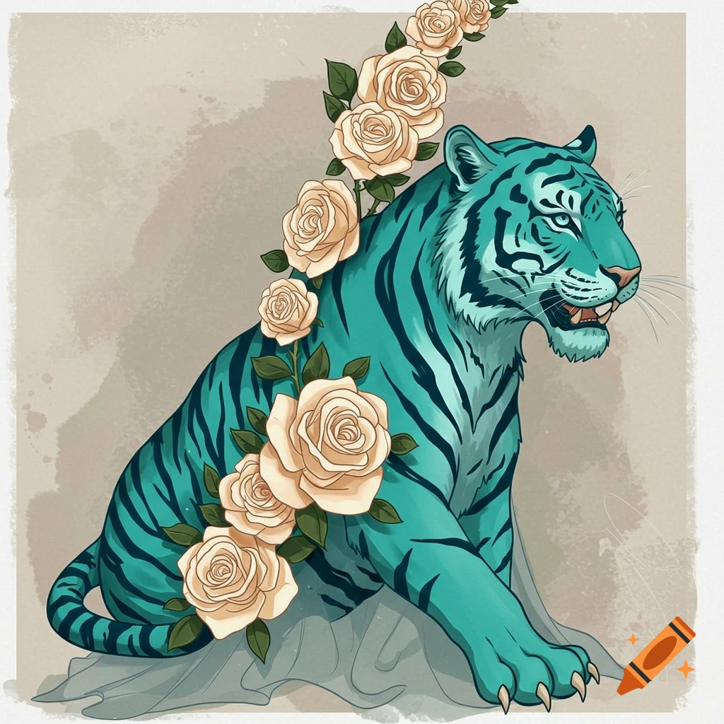 A digital illustration of a sitting teal tiger with cream roses trailing up its back.