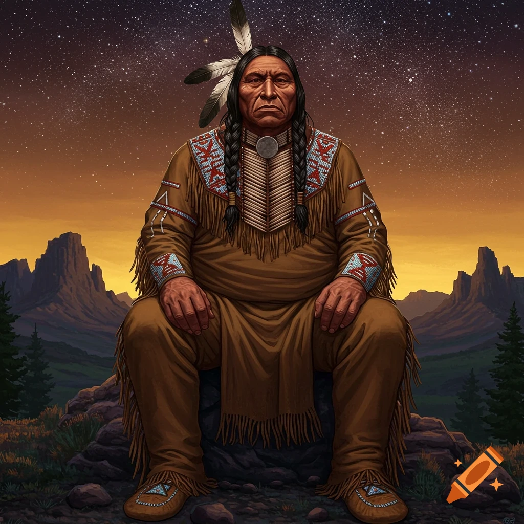 A Native American man sitting in a landscape with mountains and a starry sky.