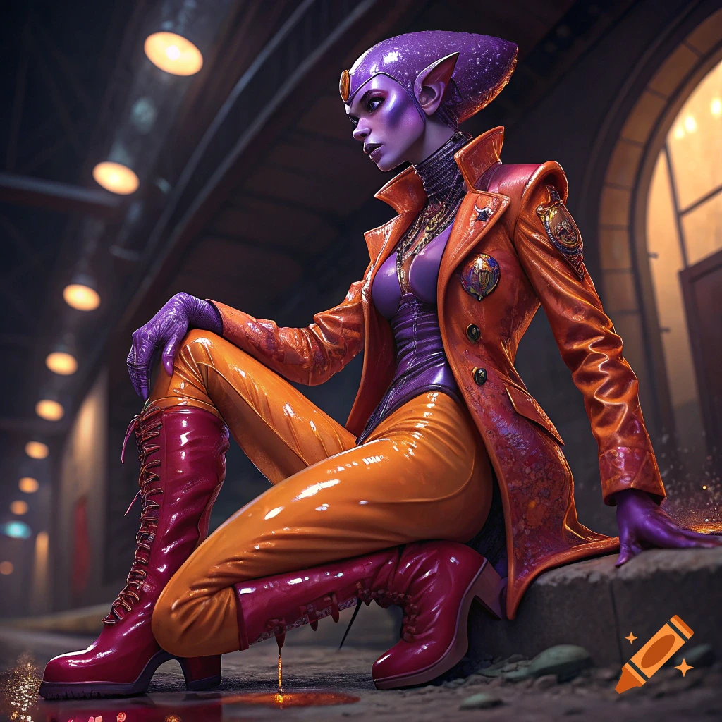 Purple-skinned female alien in shiny orange and purple suit with red boots, squatting in a futuristic alley.