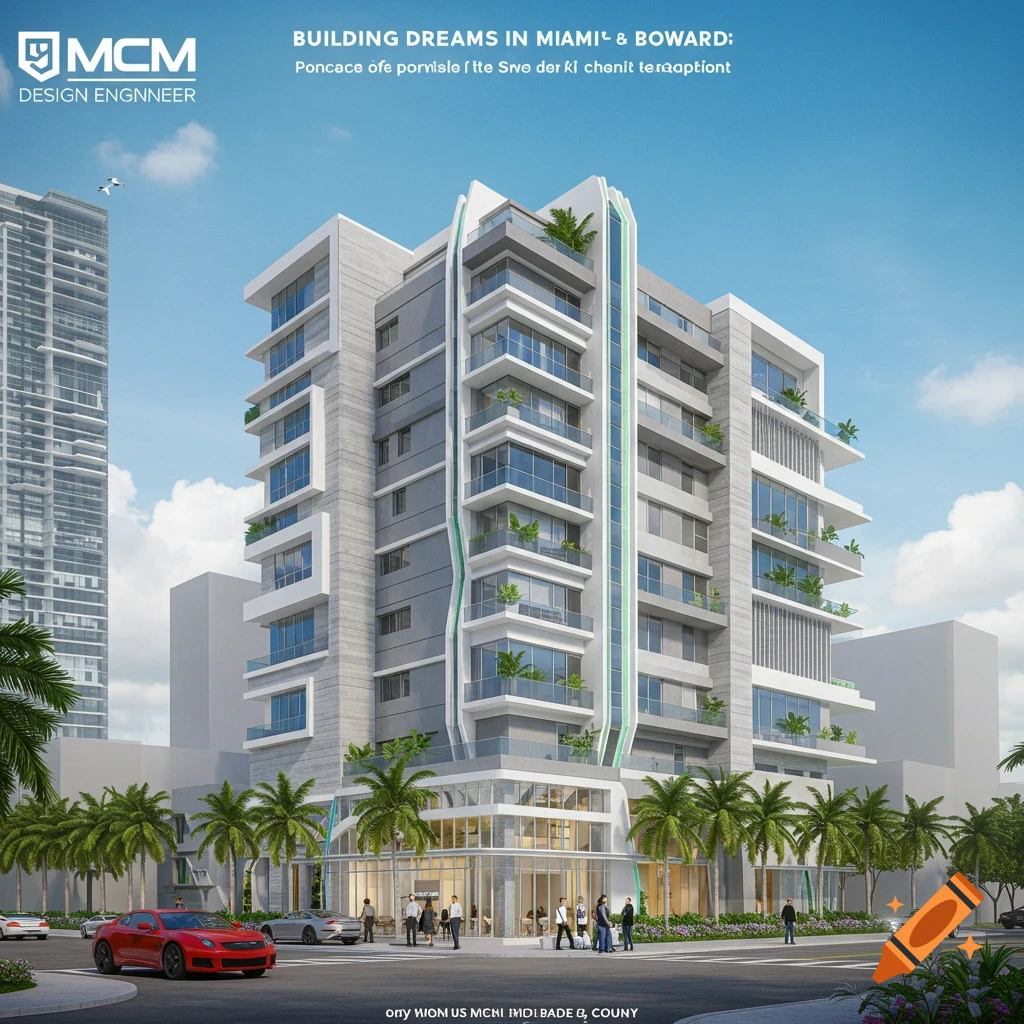 Architectural rendering of a modern building in a city scene.