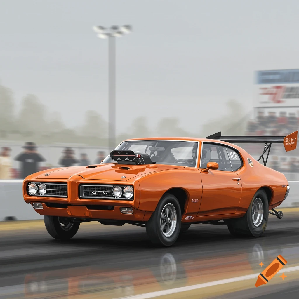 An orange 1968 Pontiac GTO funny car drag racing.