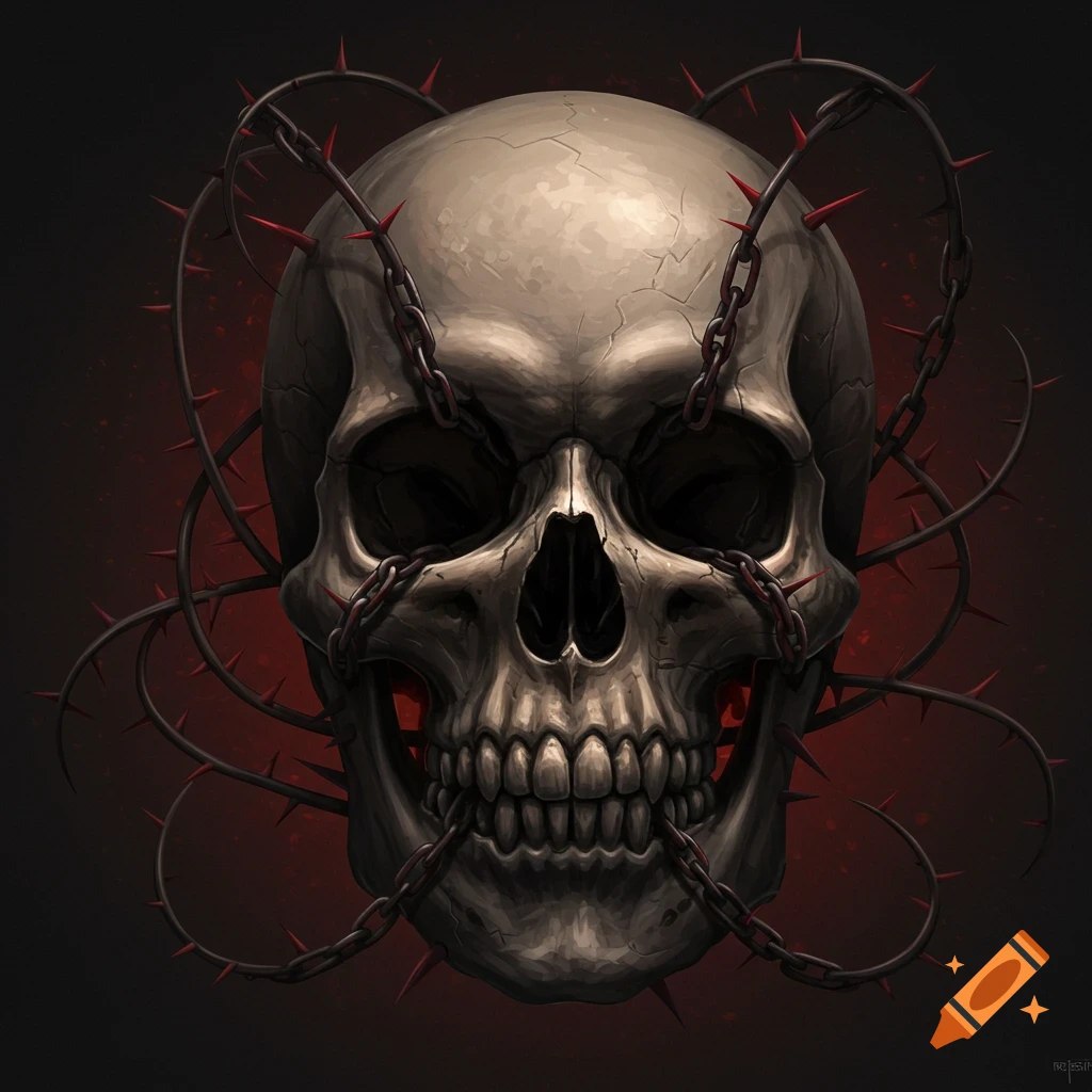 A skull entangled in chains and thorny vines.