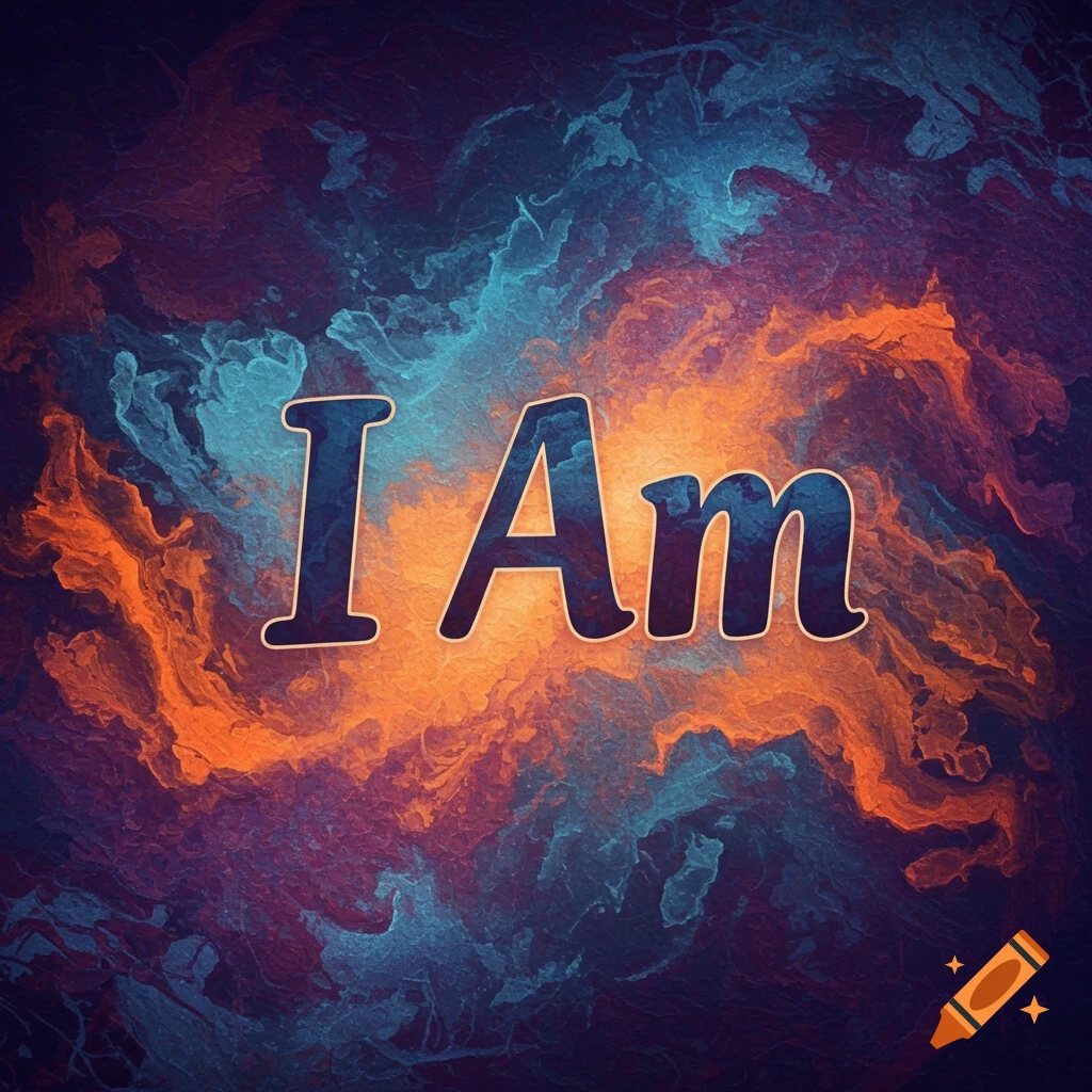 Text 'I Am' over swirling orange, blue, and purple smoke textures