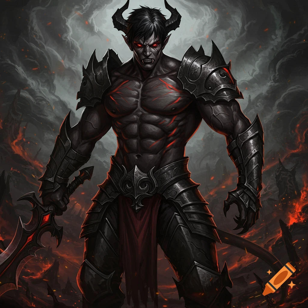 A muscular demonic warrior in black armor holding a sword, standing in a fiery landscape.