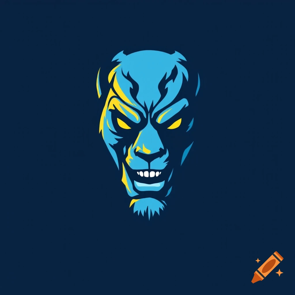 Stylized illustration of a blue monster or beast head with yellow eyes, designed as a logo.