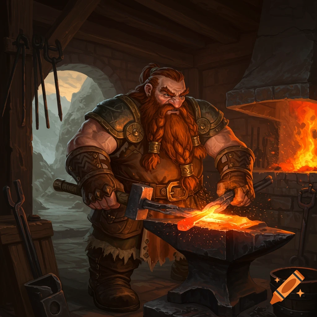A dwarf blacksmith is hammering hot metal on an anvil in a forge.