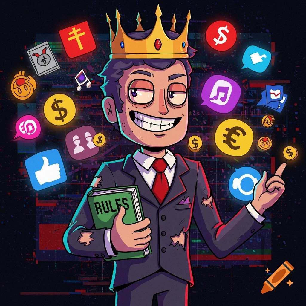 Cartoon character in crown and ripped suit holding a 'Rules' book, surrounded by social and money icons, digital art style.