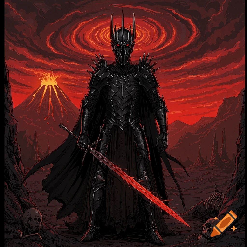 Sauron in Mordor holding a glowing sword, with a volcano and dark skies.