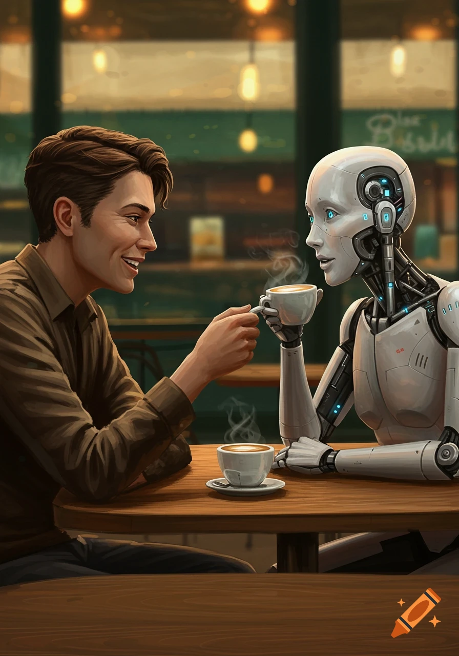 A human and a robot sitting at a cafe table, sharing coffee.