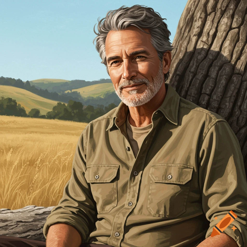 An older man with salt and pepper hair sits by a tree in a sunny field.