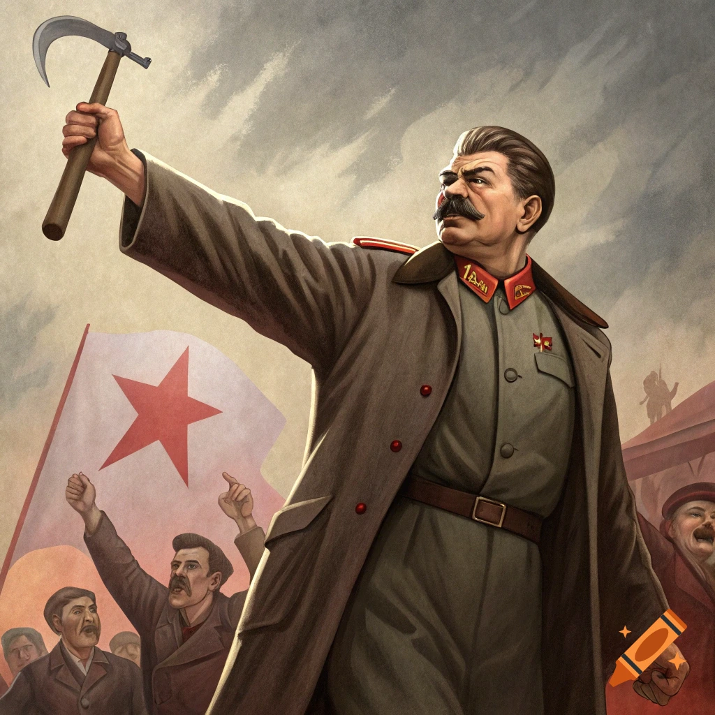 Propaganda art of Joseph Stalin holding a sickle aloft, with cheering crowd and flag.