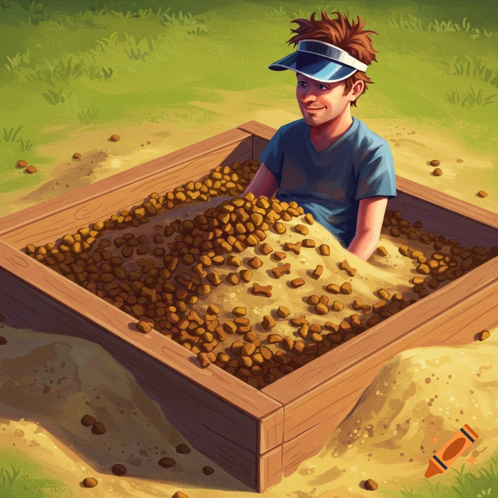 Painting of a man sitting in a sandbox filled with dog food.