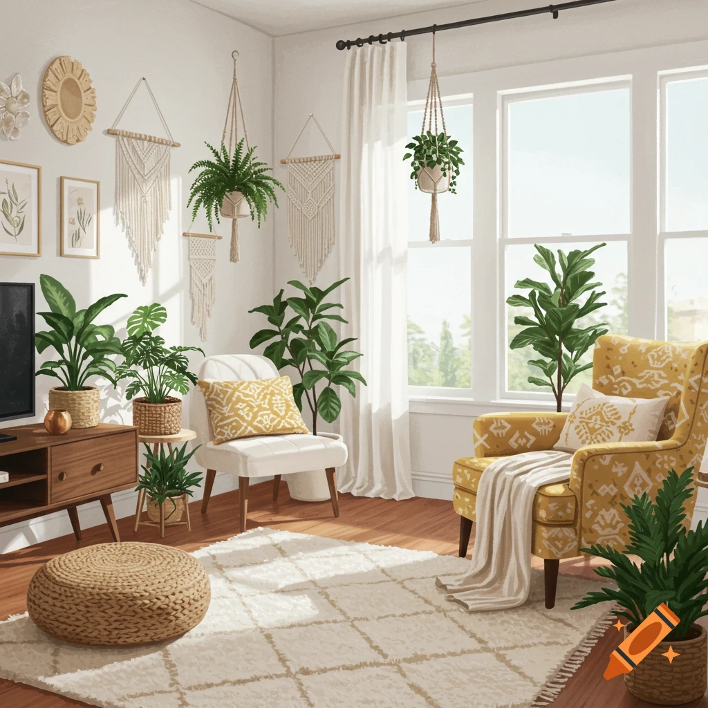 A bright boho living room with many plants, macrame hangings, and yellow and white furniture.
