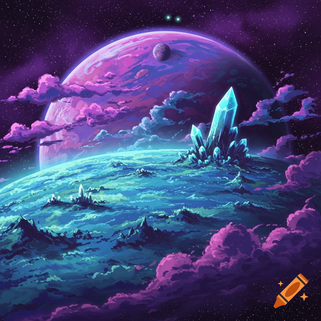 A stylized image of a vibrant pink and purple planet and moon in space with clouds and large blue crystals on the surface.