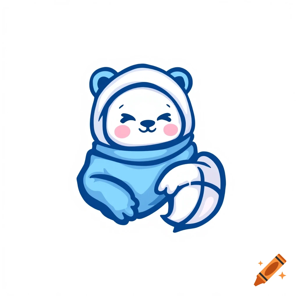 Cute cartoon polar bear in blue outfit holding a white object