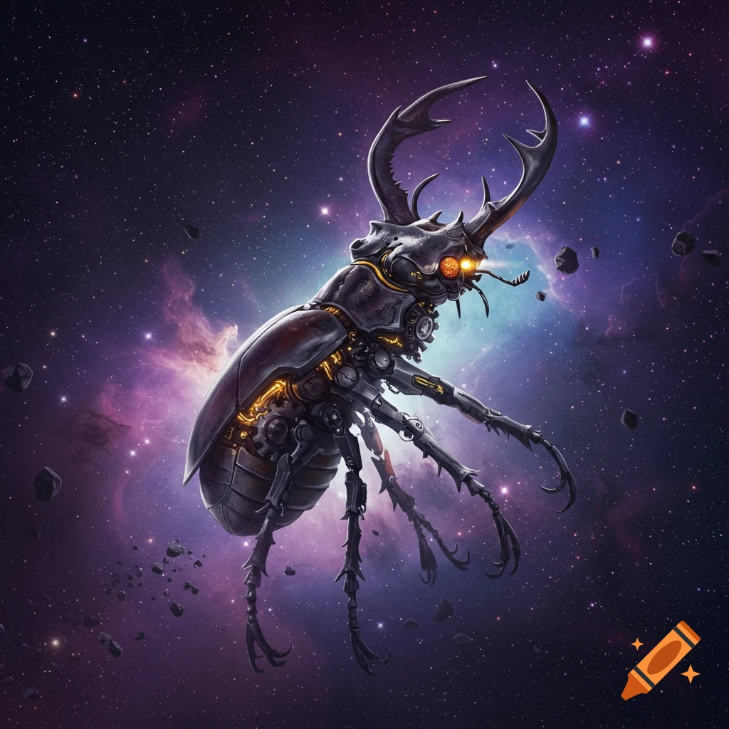 A large robotic beetle floats in space among stars, nebulas, and asteroids.