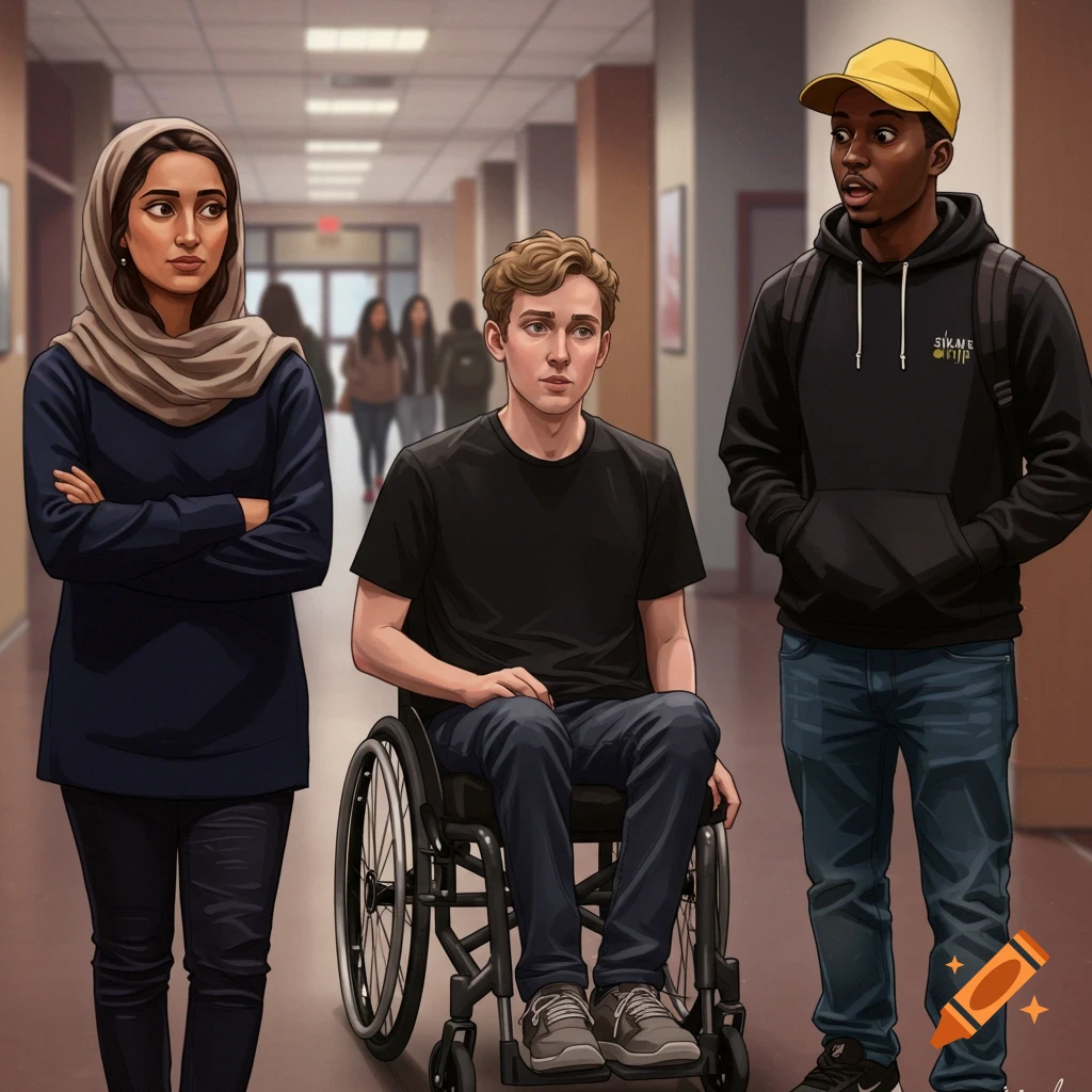 Three students in a school hallway: a woman in a hijab, a man in a wheelchair, and a Black man in a hoodie.