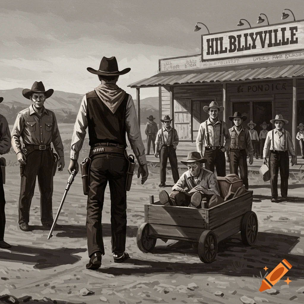 Grayscale image of cowboys in a Western town, with a man in a wagon.
