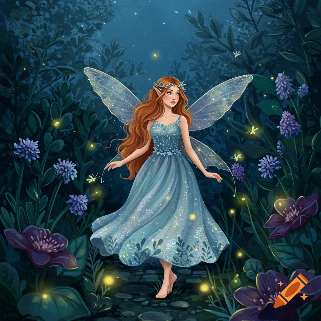 A fairy with long red hair and clear wings, wearing a blue dress, standing in a dark garden at night with glowing flowers and fireflies.