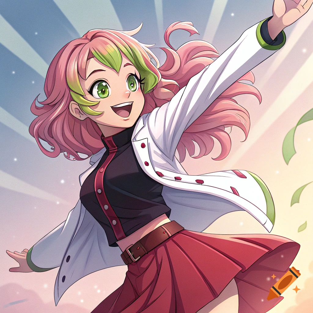 A happy anime girl with pink and green hair in a white jacket and red skirt reaches out, smiling in the sky.