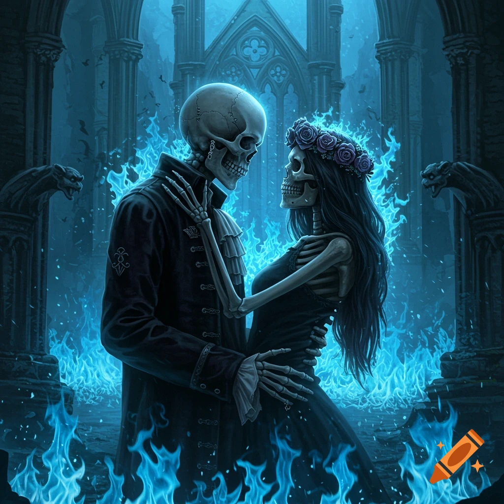 A skeleton couple stands close, surrounded by blue flames in a gothic cathedral setting.