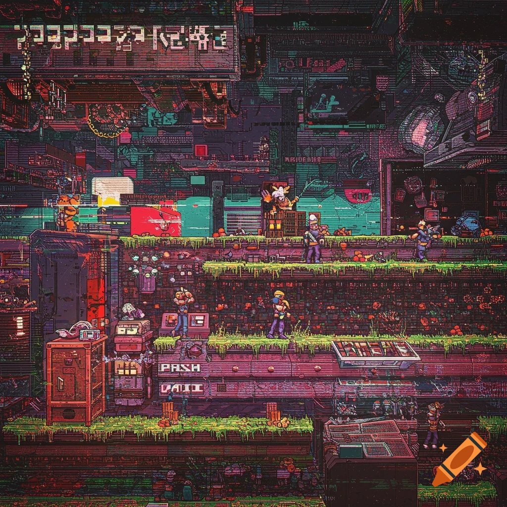 Pixel art of a glitchy side-scrolling video game scene in a futuristic city with characters on platforms.