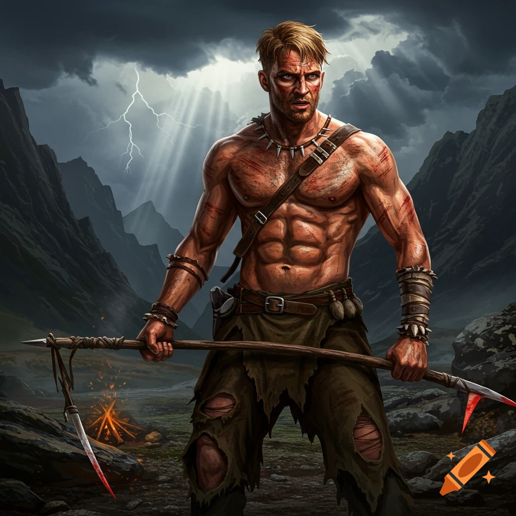 A muscular man with scratches holds a spear in a stormy mountain landscape.