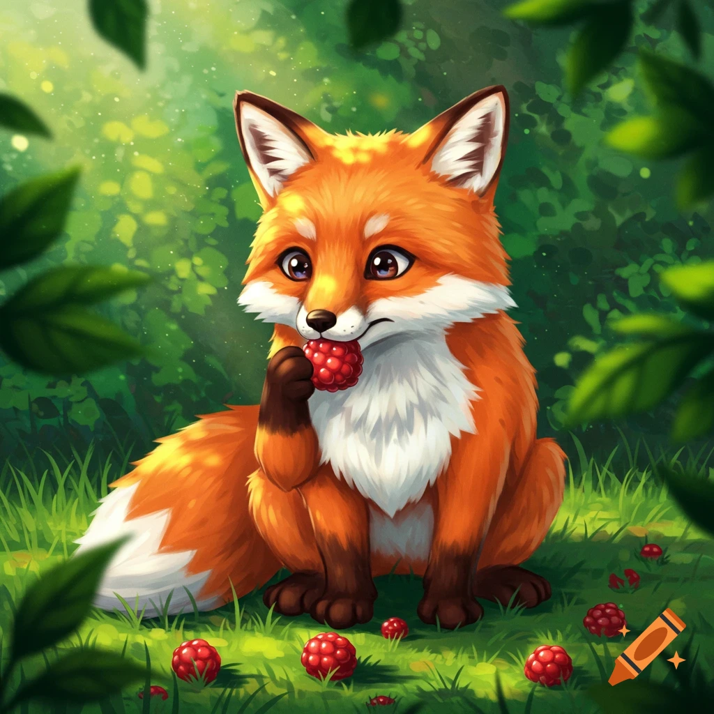 Cute anime fox eating a raspberry in a forest clearing.