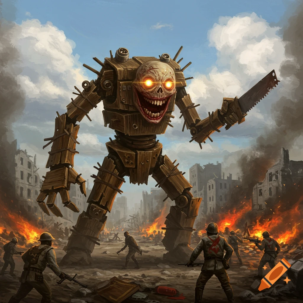 Giant wooden robot with a skull face and saw blade attacks soldiers in a destroyed, burning city.
