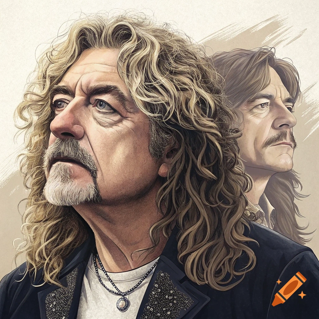 Illustration of two men with long wavy hair and facial hair.