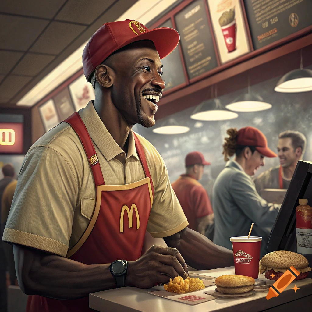 Photorealistic image of a man in a fast food uniform smiling behind a counter with food.