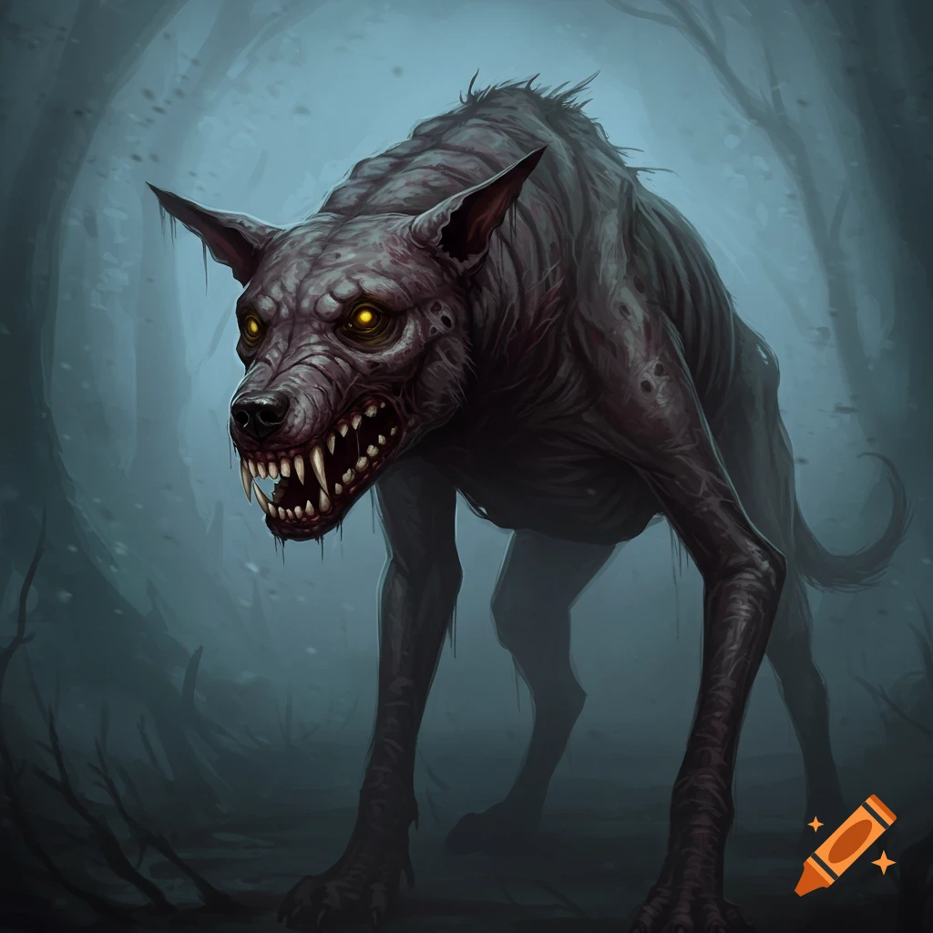 Skeletal dog-like creature with glowing eyes in a foggy forest
