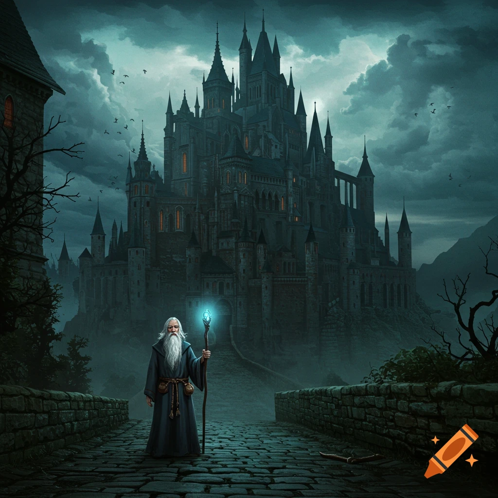 A wizard standing on a stone path leading to a large dark castle under a cloudy sky.