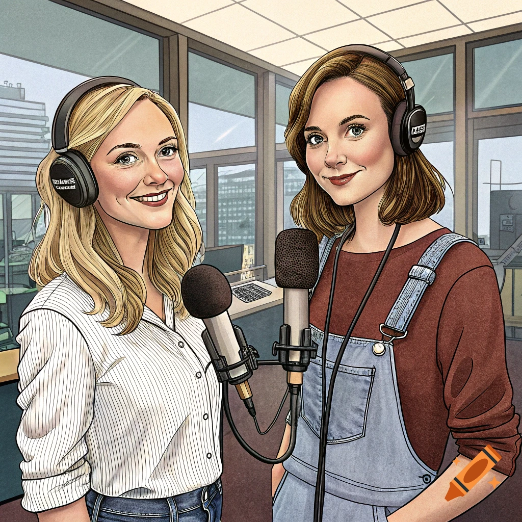 Two women wearing headphones and speaking into microphones in a radio studio, stylized illustration.