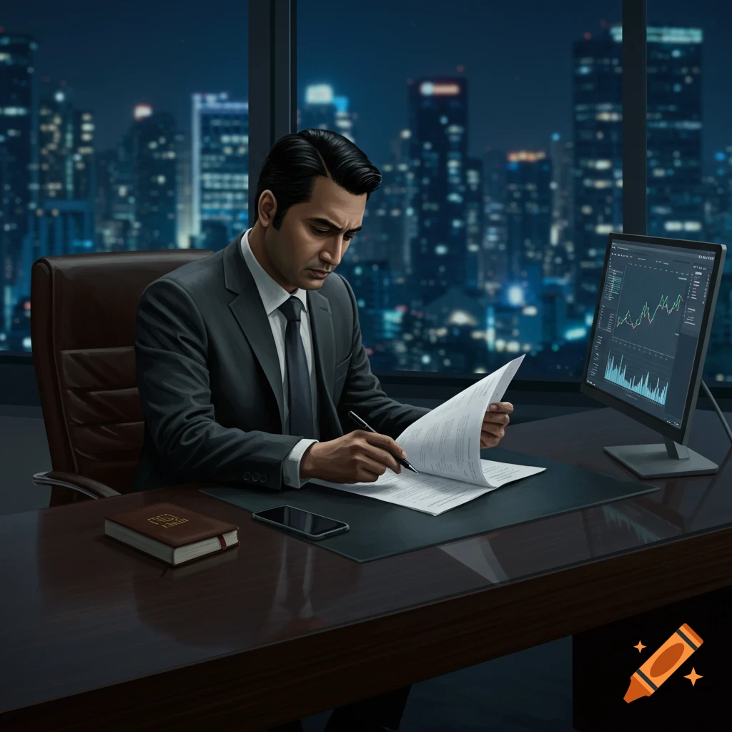A man in a suit signing documents at a desk, with a city skyline at night visible through the window.