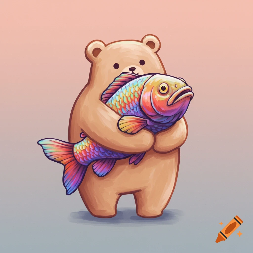 A brown cartoon bear hugs a rainbow-scaled fish.