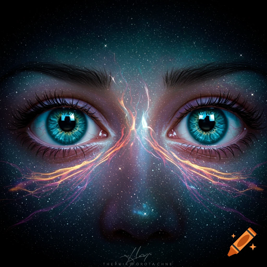 Close-up of eyes blending into a starry galaxy with glowing energy lines