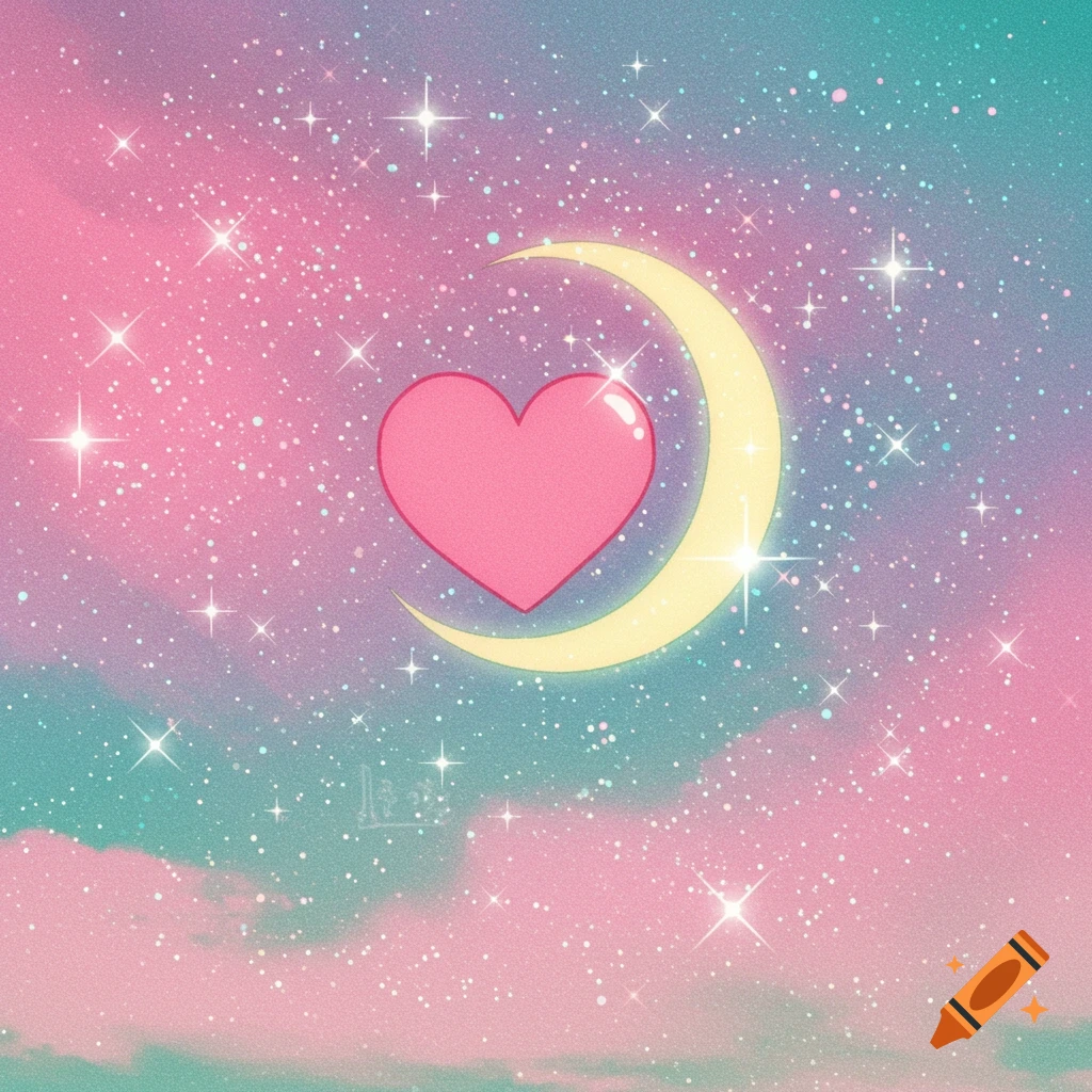 An anime-style illustration of a pink heart and yellow crescent moon surrounded by stars and sparkles in a pink, blue, and green pastel sky.