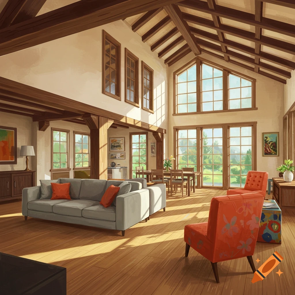 A spacious living room with large windows and high wooden ceilings.