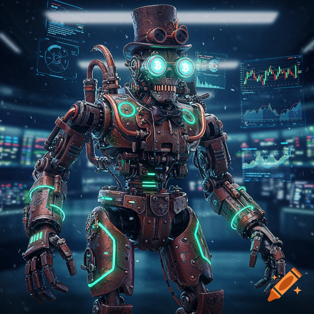 A steampunk and cyberpunk robot with Bitcoin eyes stands before futuristic stock market displays.