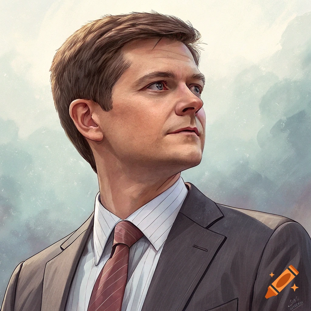 Illustrated portrait of a man in a suit and tie looking up and to the right.