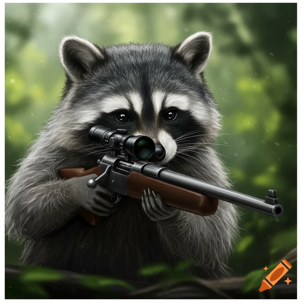 A raccoon holds a sniper rifle in a forest.