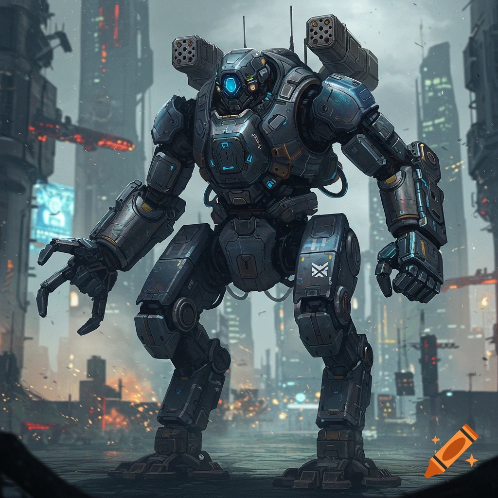 Detailed sci-fi mecha stands in a ruined futuristic city landscape.