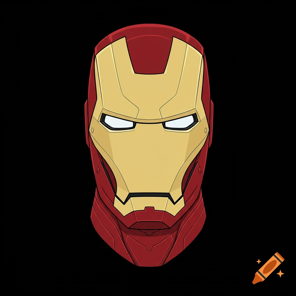 An illustration of the red and gold Iron Man mask against a black background.