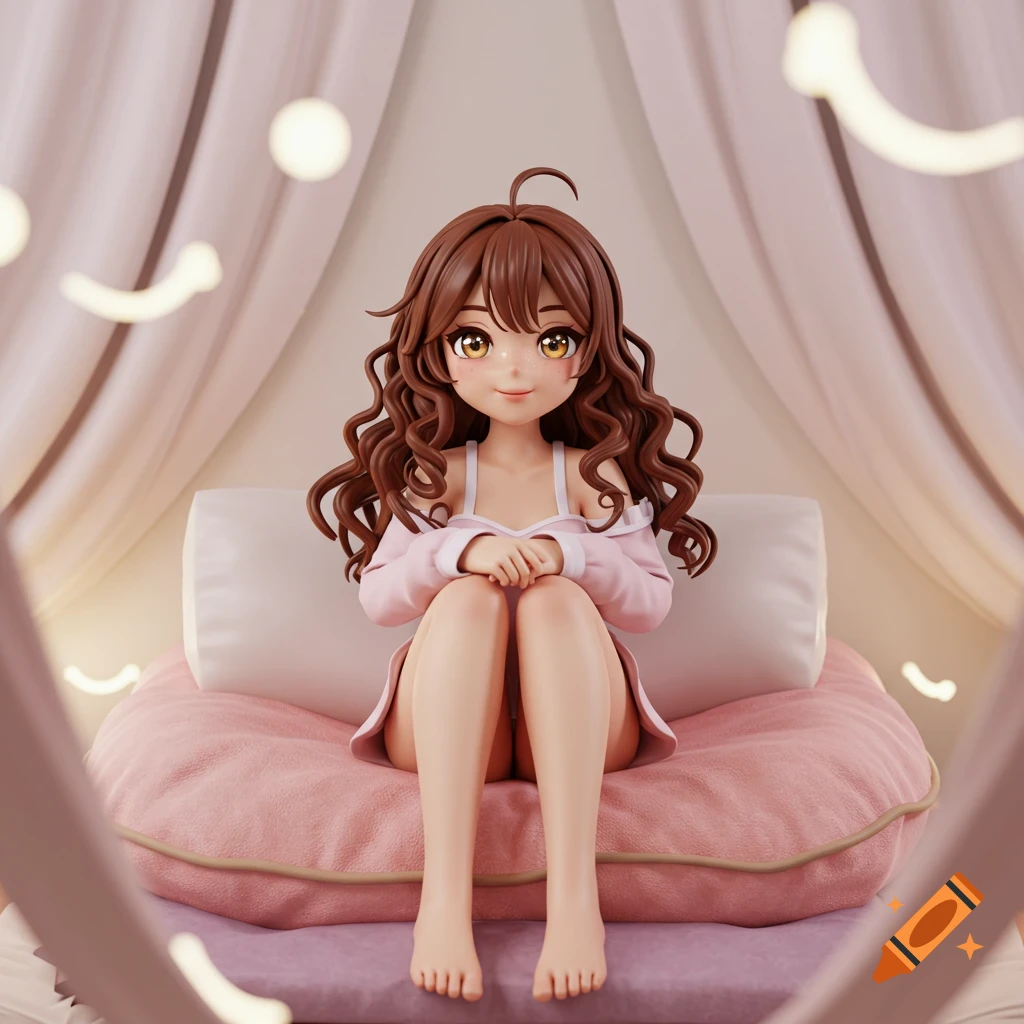 3D anime girl with curly brown hair sitting on a pink cushion